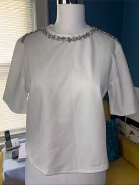 White Embellished Crop Top with Crystal Neckline